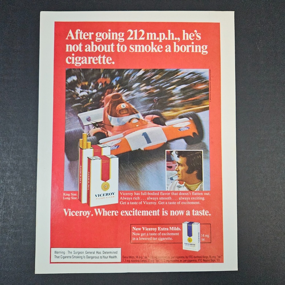 1974 Viceroy Cigarettes Vintage Print Ad Mario Andretti Indycar Brown Williamson